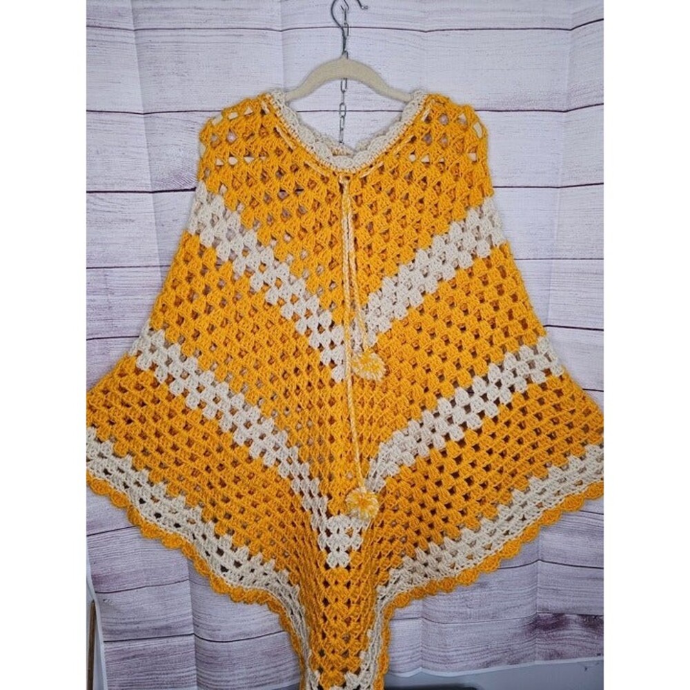 Vintage Hand Made 1970's Knit Poncho Sweater - yellow/orange & white OSFM